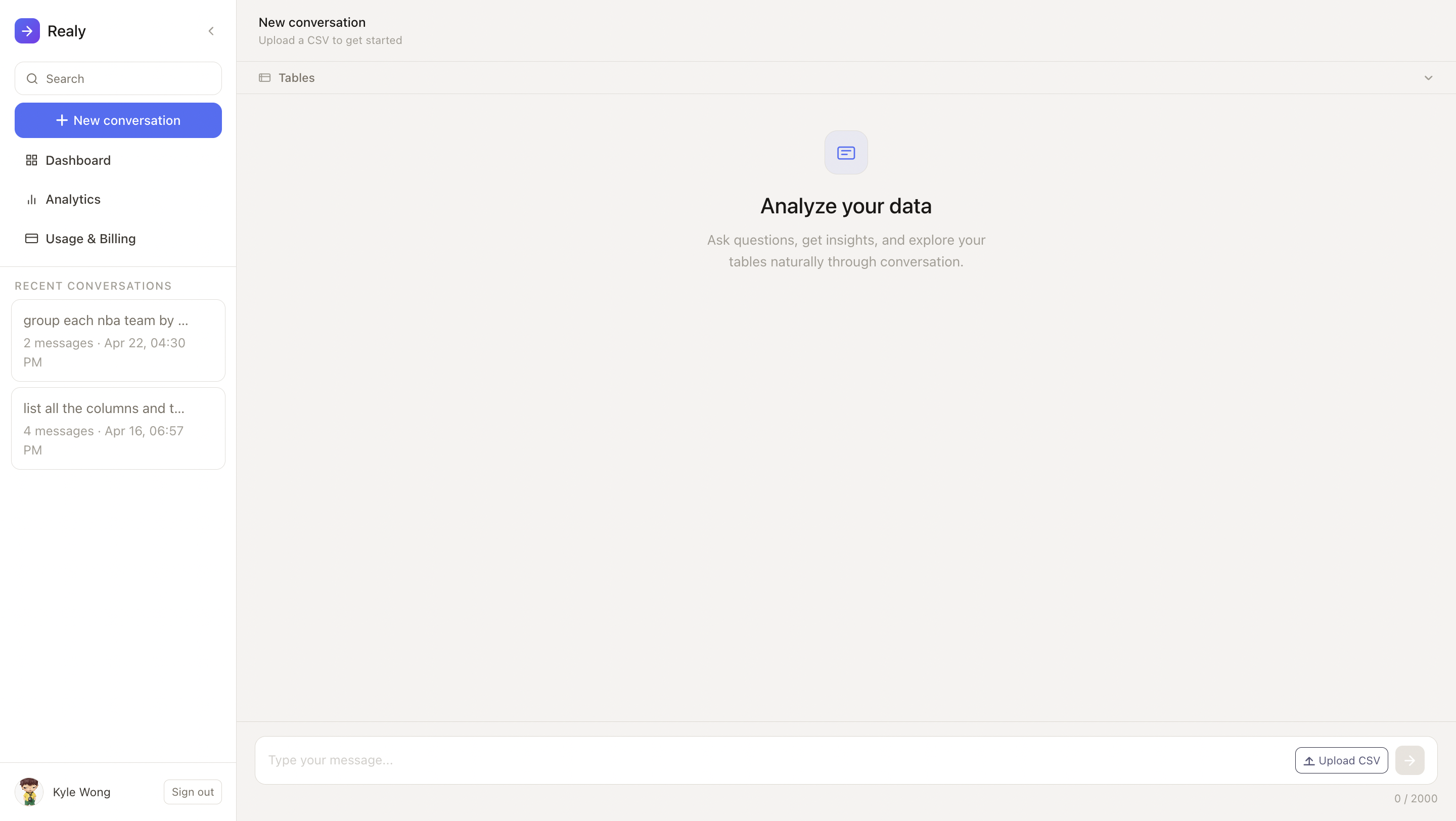 Realy product workspace with conversation, source data, and analysis results